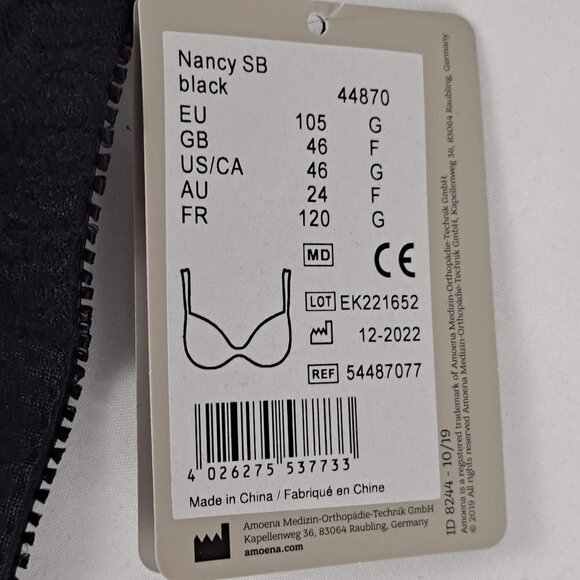 Amoena Nancy SB US Size 46G Black Bra Lace Detail Adj Straps Back Closure NWT - Picture 9 of 12